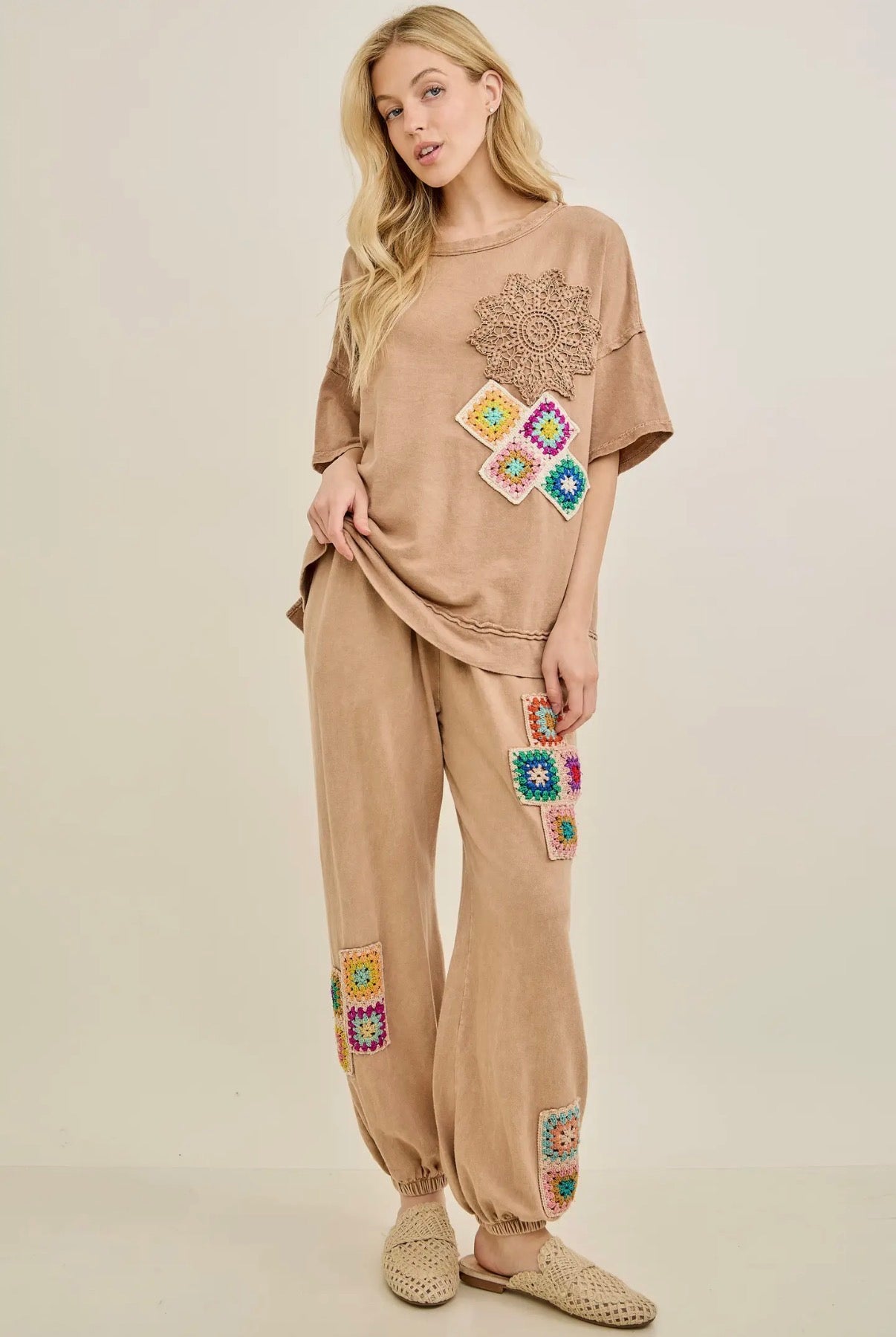 Set-Mineral Wash Crochet Detail Short Sleeve Top & Pant