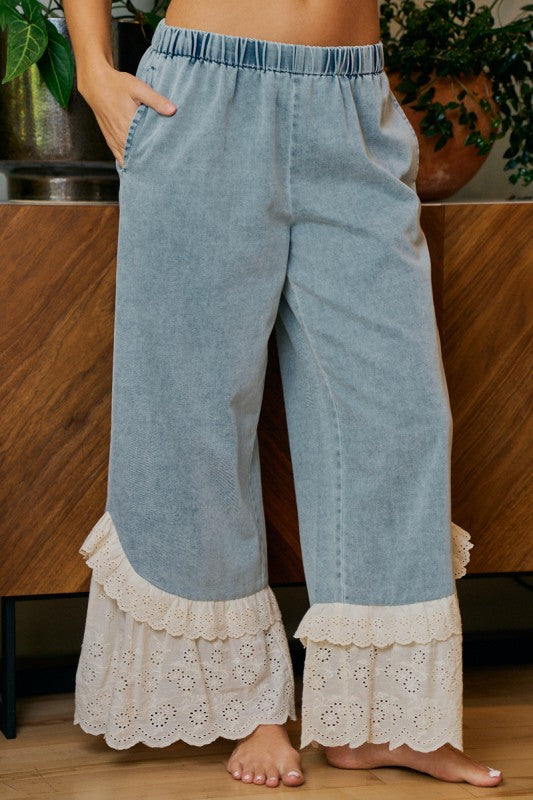 Washed Denim Ruffle Lace Hem Pants