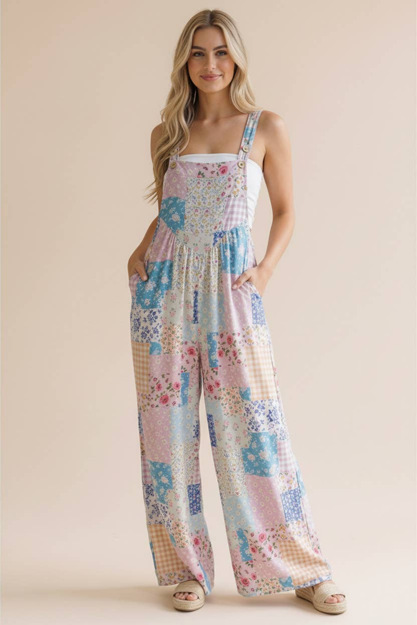 Plus Floral Patchwork Wide Leg Bib Overalls/Jumpsuit