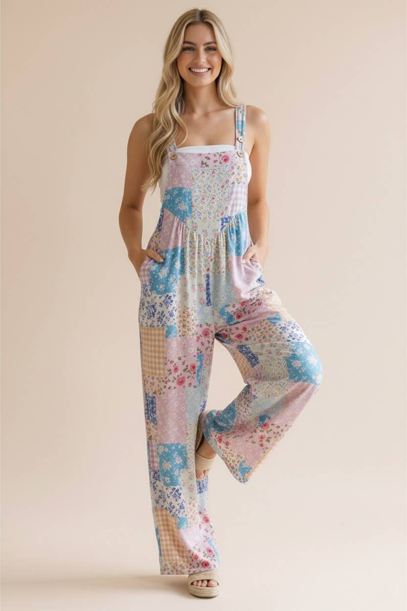Floral Patchwork Wide Leg Bib Overalls/Jumpsuit