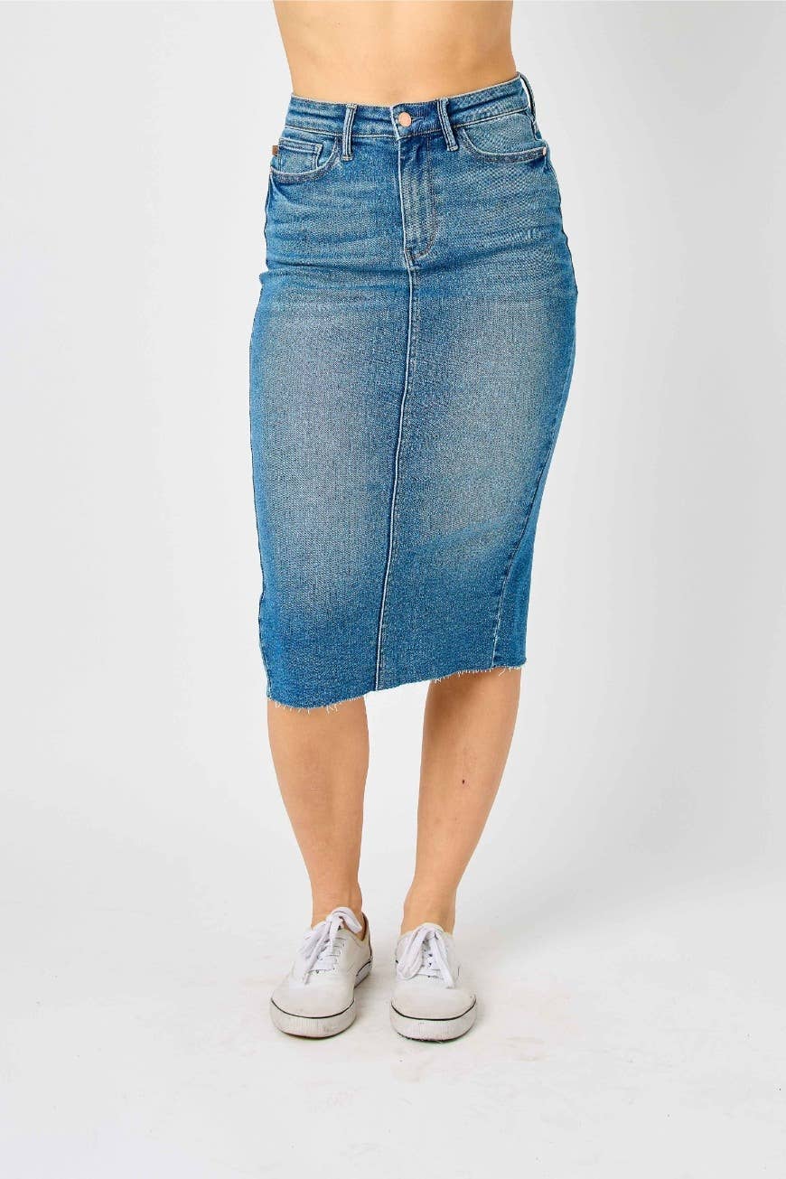 High Waist Mid Length Denim Stretchy Skirt