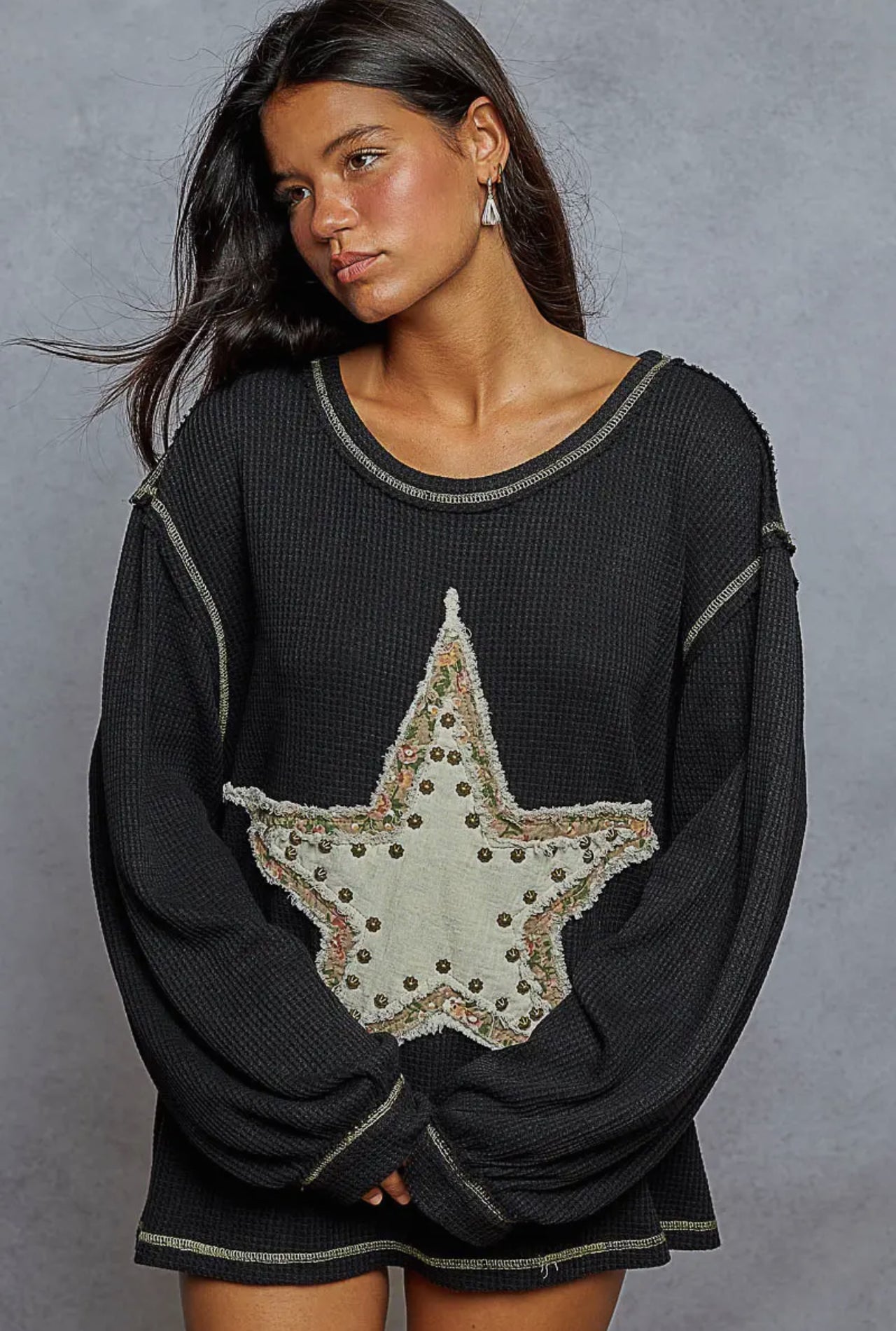 POL Long Sleeve Thermal Knit Star Patch Top