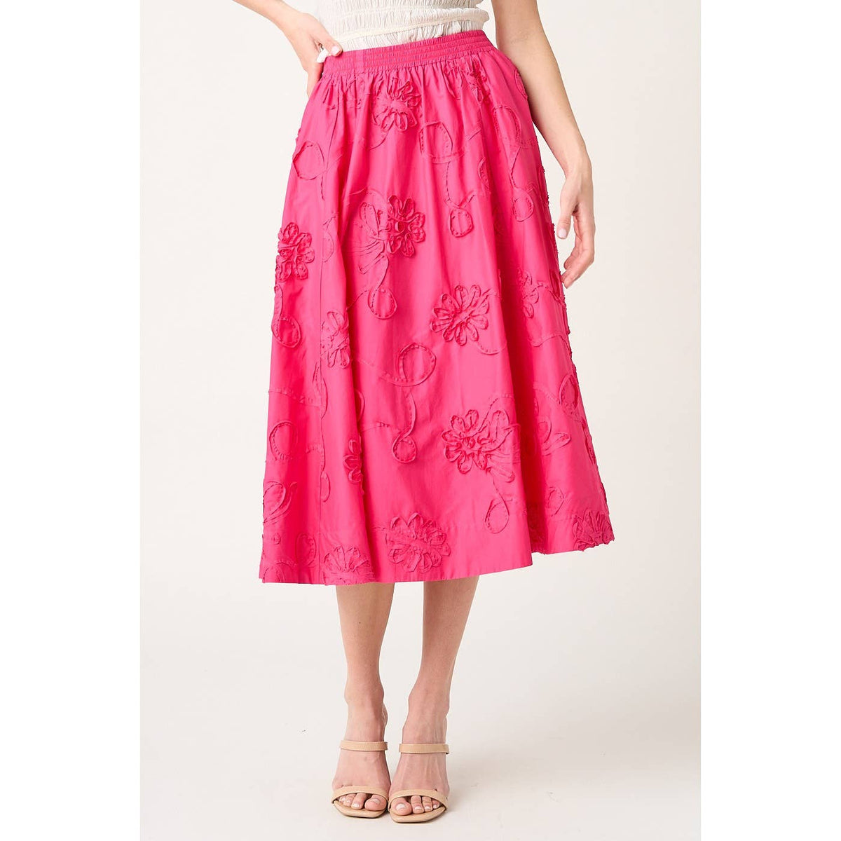 3D Floral Embroidery Elastic Waist Midi Skirt