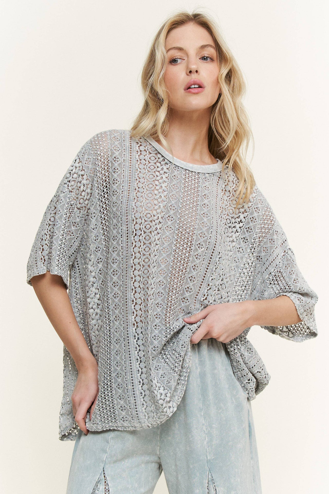 Mineral Washed Lace Summer Blouse Top