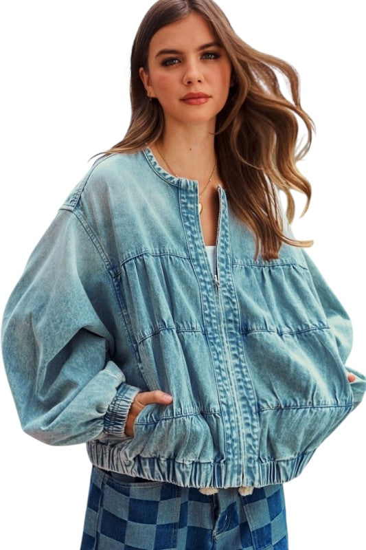 Washed Elasticized Oversize Full Zip Bomber Denim Jacket