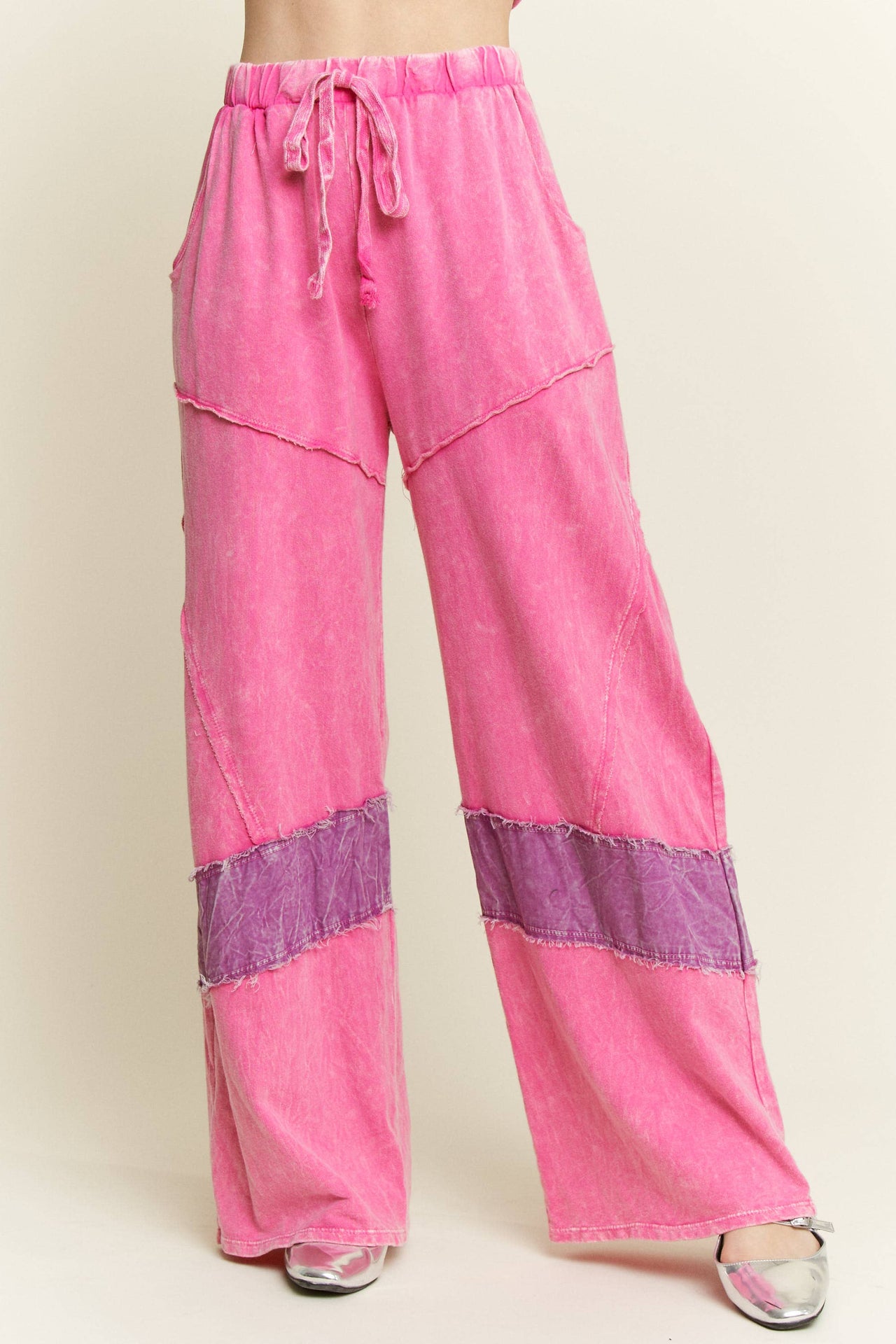 Mineral Washed Denim Patched Wide Leg Pants