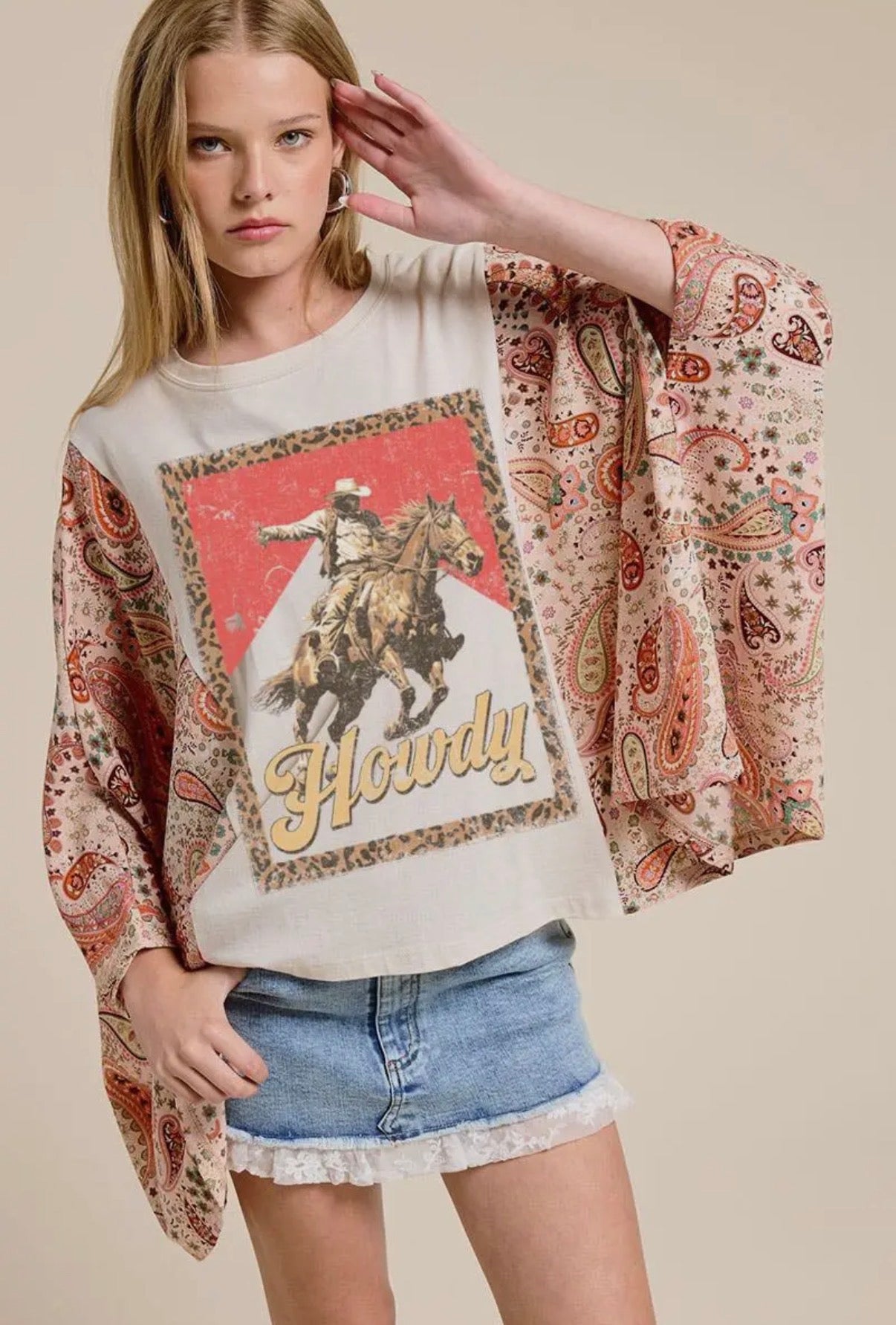 Howdy Western Cowboy Graphic Sheer Sleeve Top