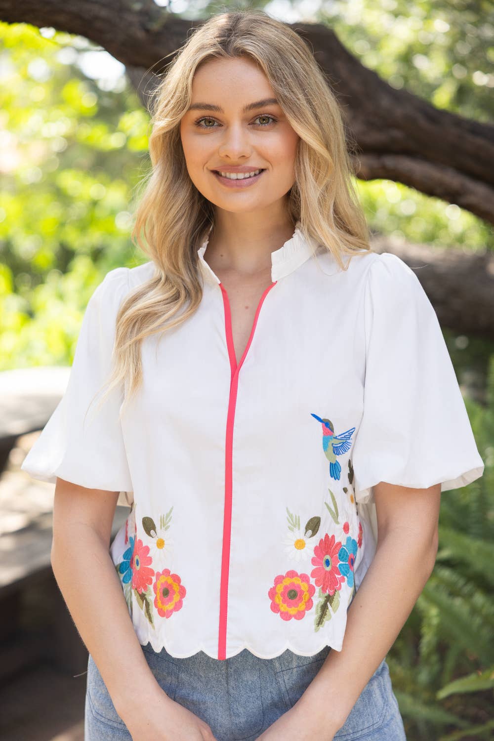 Pipping Detail Floral Hummingbird Embroidered Top