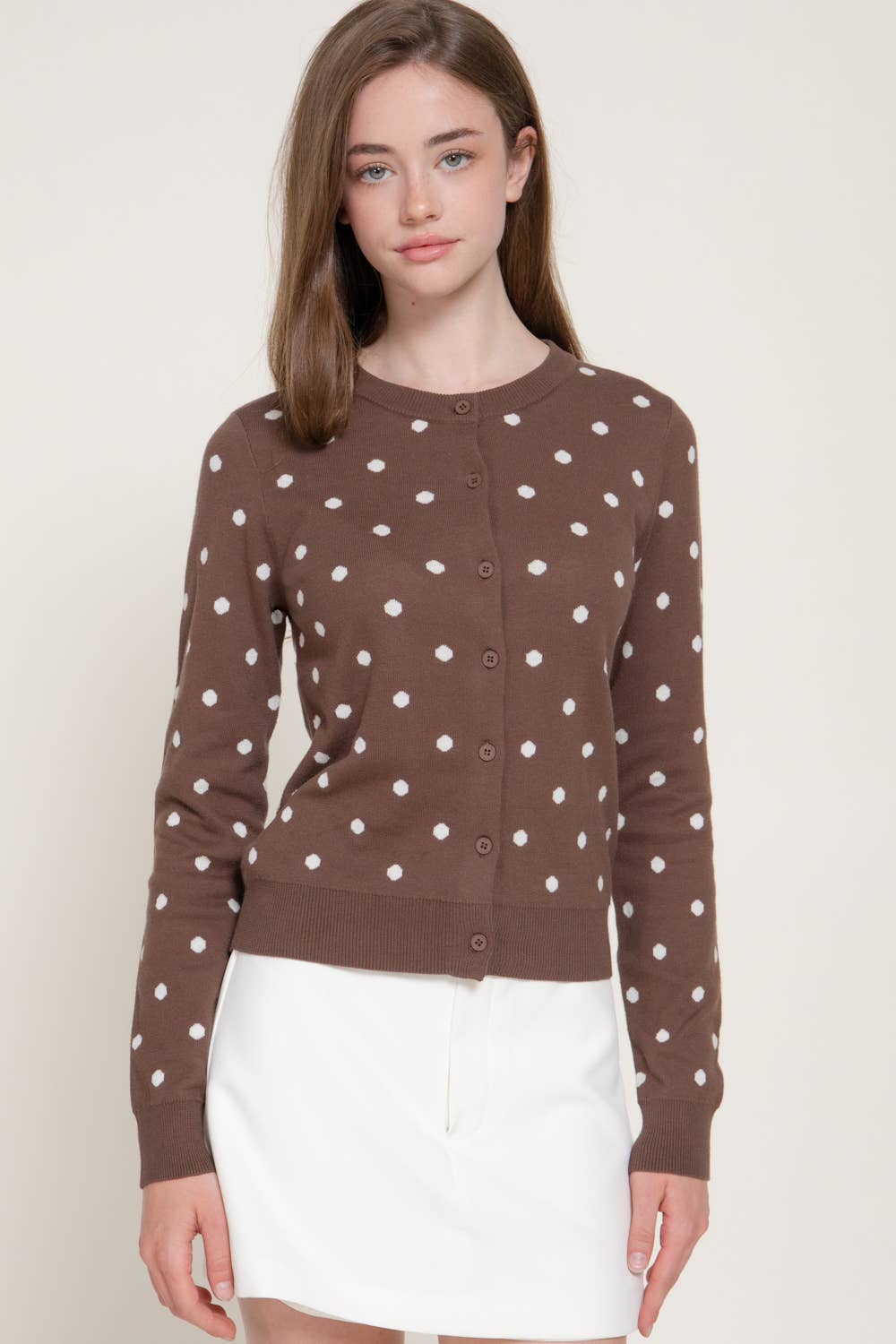 Long Sleeve Crew Neck Button Down Polka Dot Sweater Cardigan