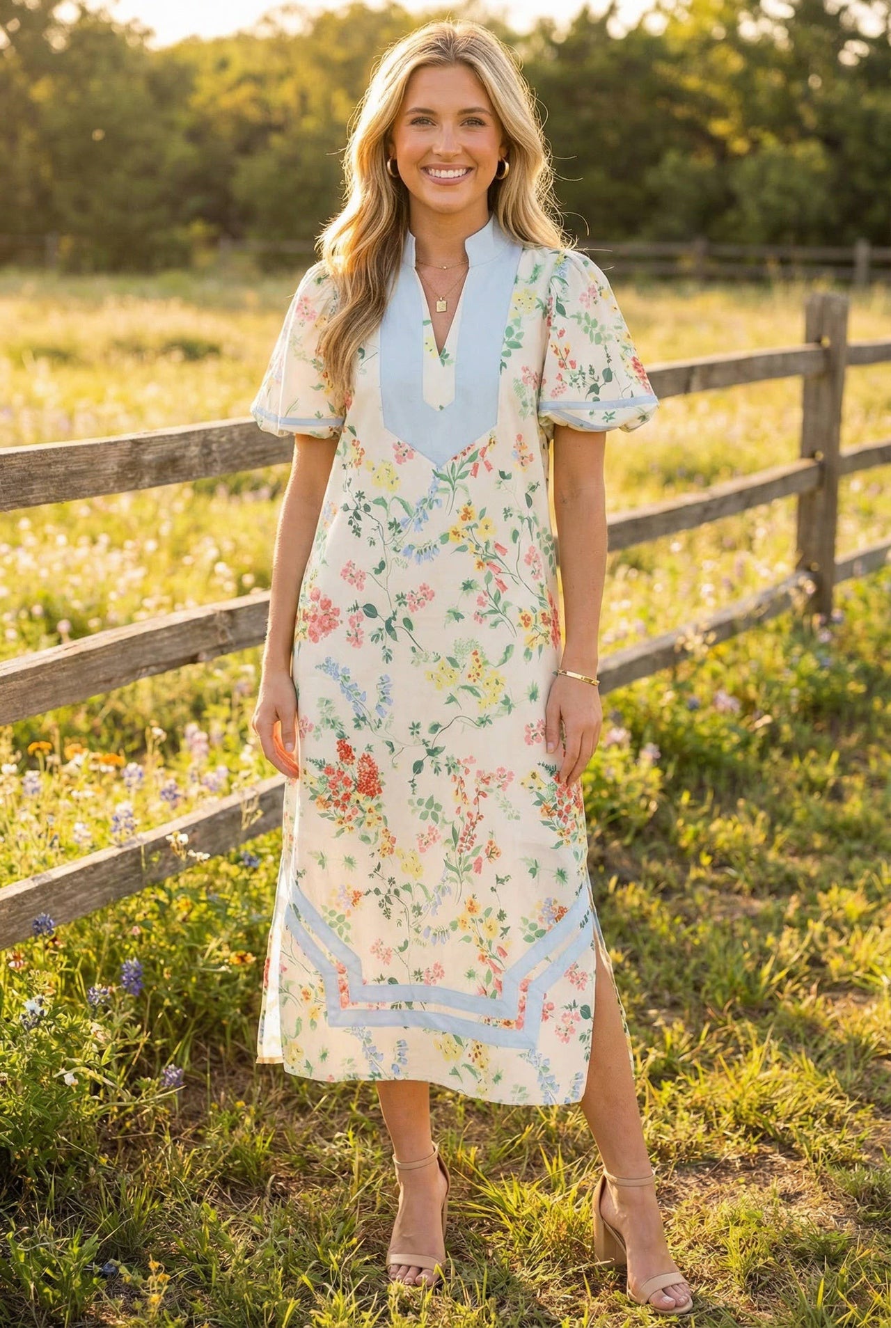 Floral Tunic Style Midi Dress w/Puffed Sleeve