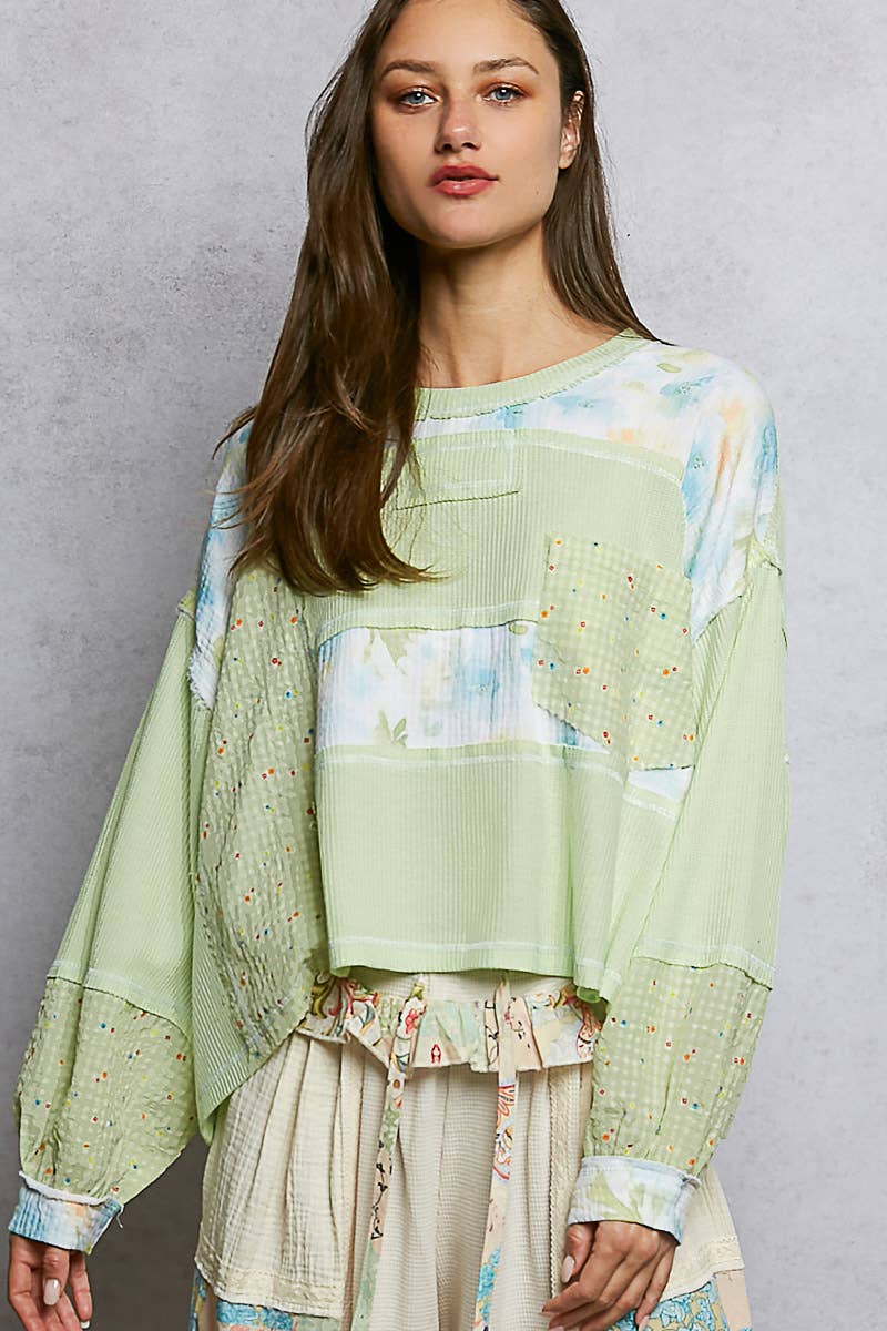 Long Sleeve Round Neck Floral Stripe Stitch Knit Top