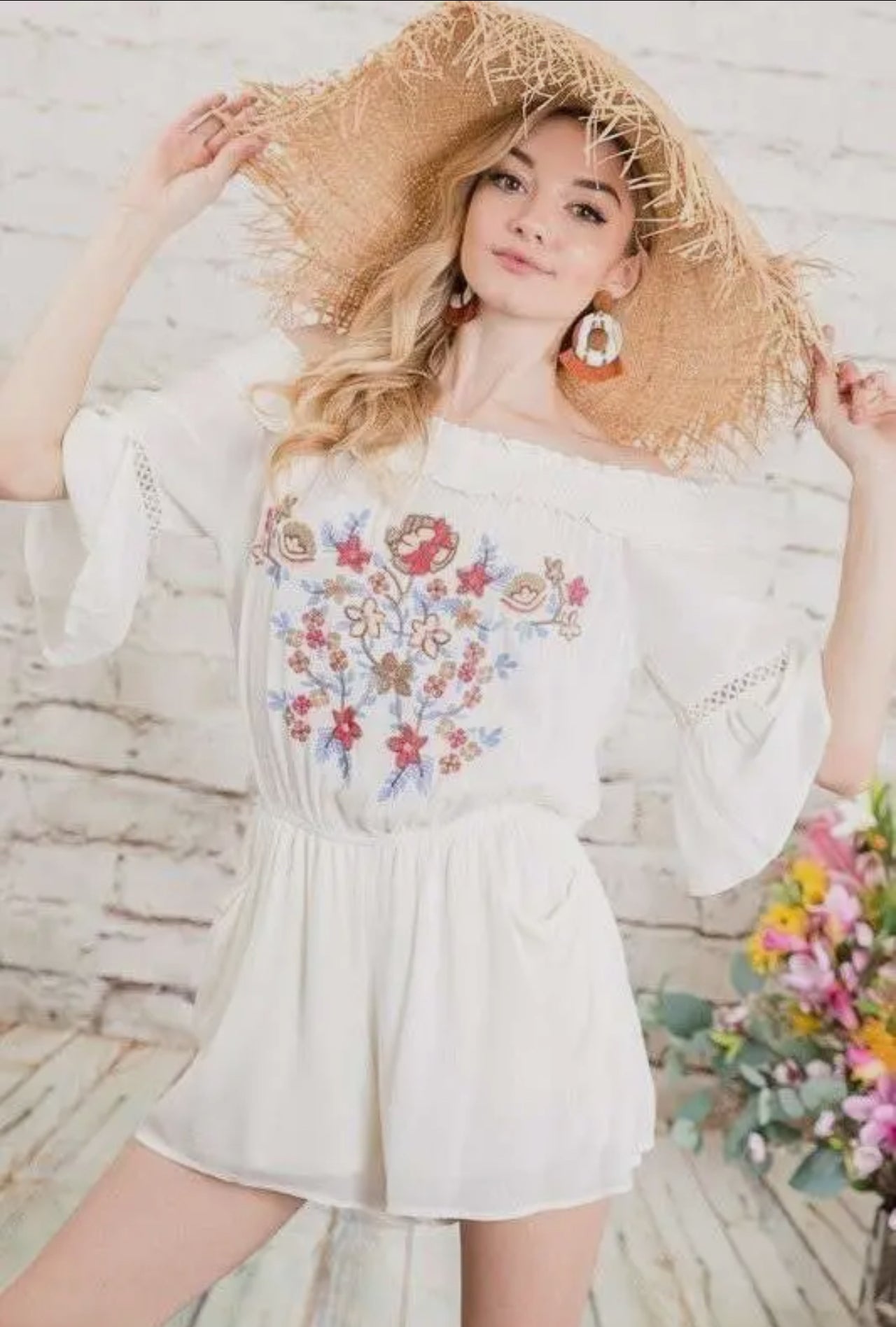 Floral Embroidered Cut Out Smocked Off Shoulder Romper