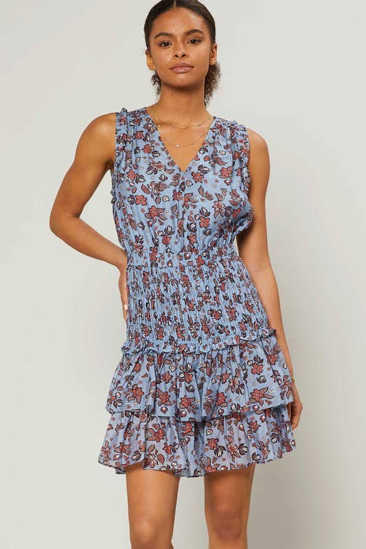 Sleeveless V Neck Tiered Mini Dress