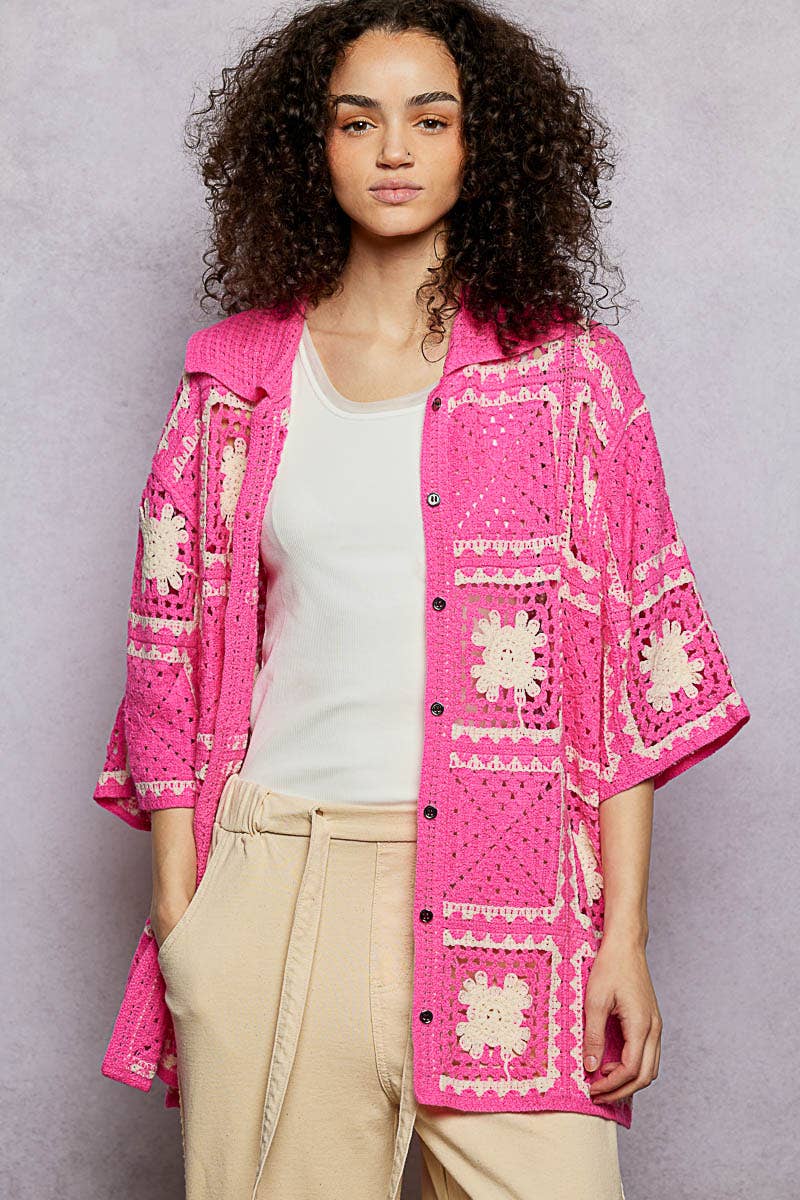 Short Sleeve Button Collar Granny Square Crochet Shirt Top-One Size