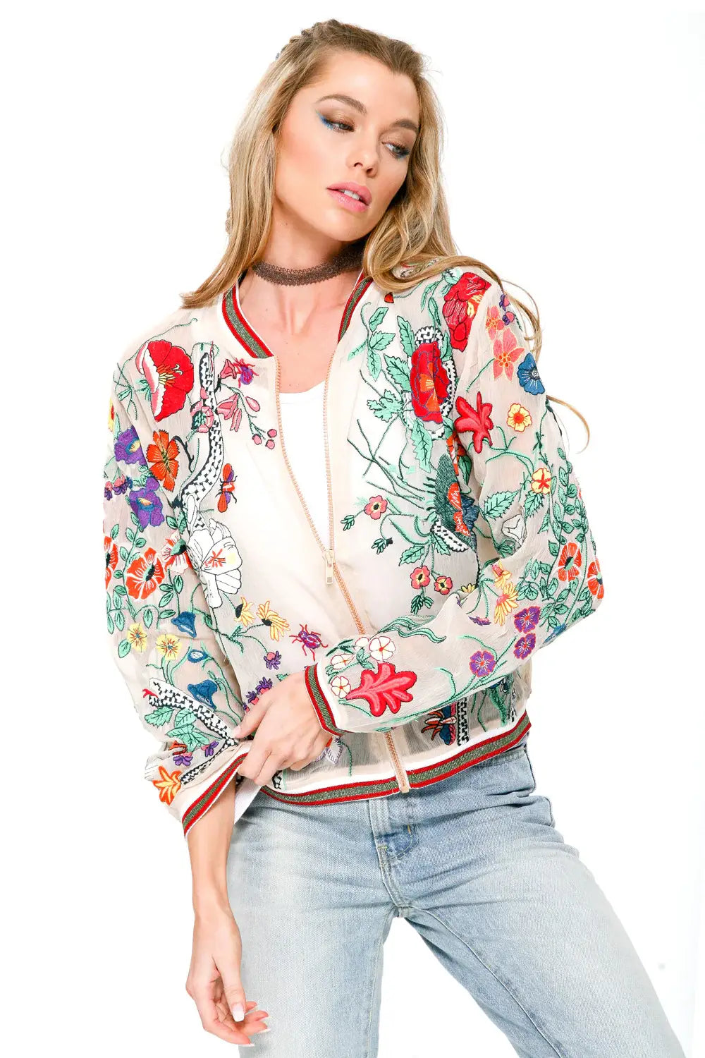 Bellezza Sheer Embroidered Jacket | Bomber Jacket | Floral Jacket