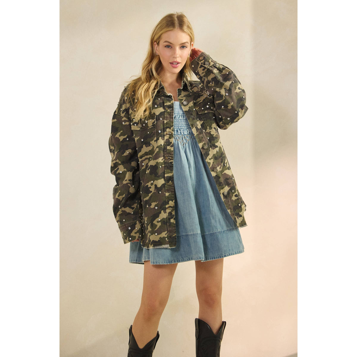 Camo Printed Rhinestone Denim Jacket