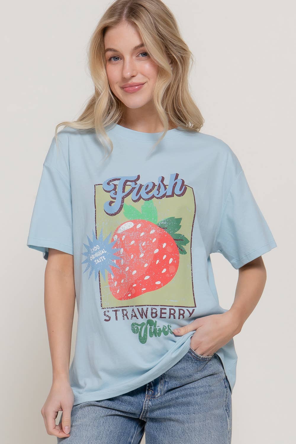 Short Sleeve Crew Neck Strawberry Printed Oversized Tee