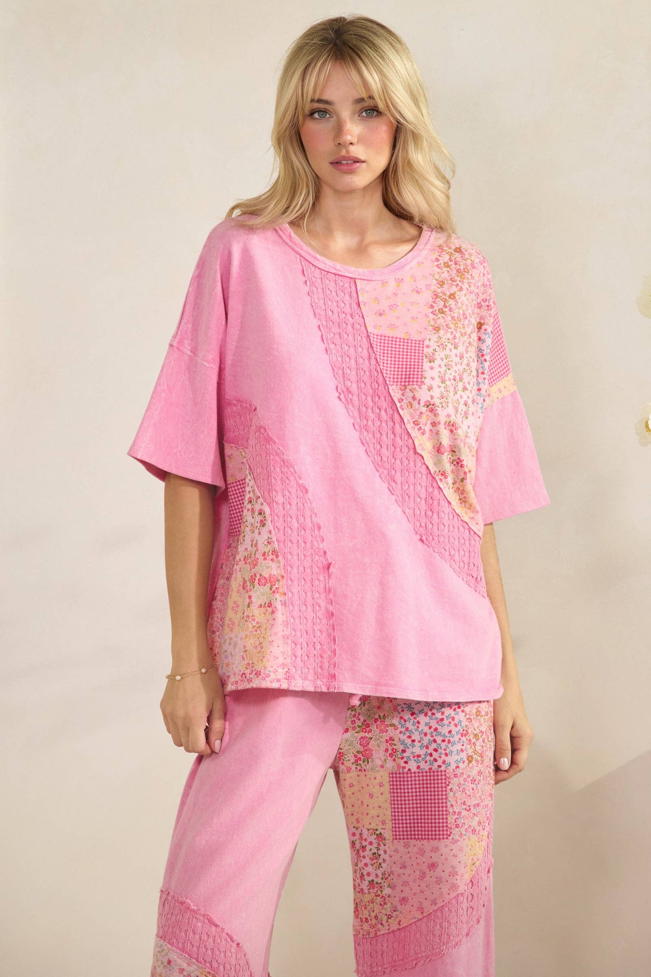 Mineral Washed Spring Picnic Print Lace Blouse Top