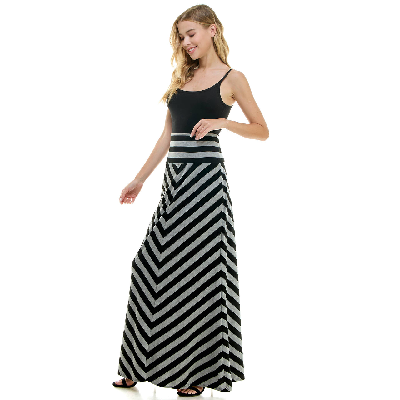 Stretchy High Waisted Chevron Pattern Maxi Skirt