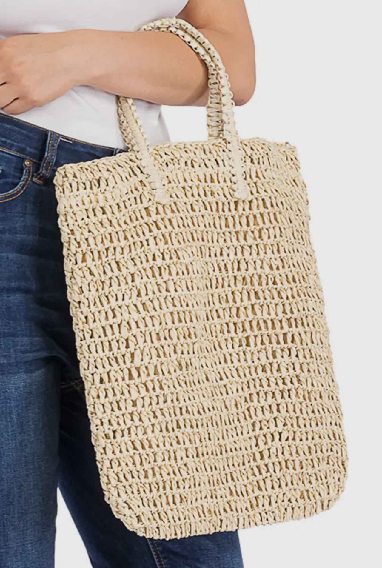 Jillian Double Handle Woven Rattan Tote Bag