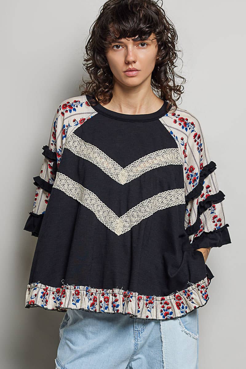 Boho Mixed Print Floral Sleeve Lace Panel Top
