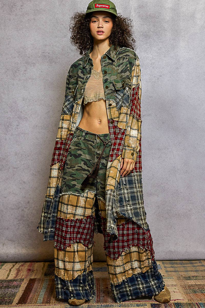 POL Long Sleeve Plaid Woven Varied Patchwork Maxi Shirt Jacket