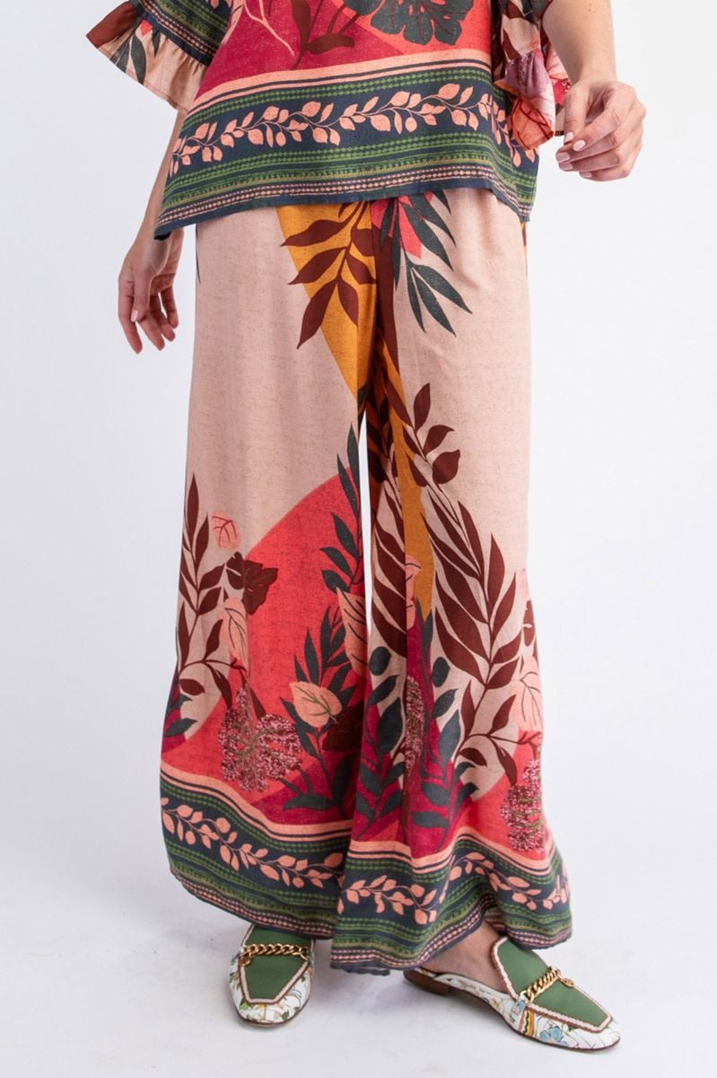Floral Border Printed Rayon Wide Leg  Pants