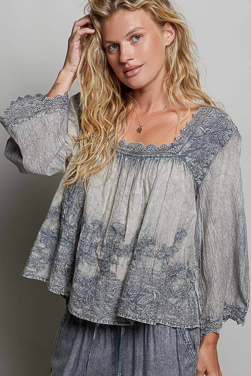 Vintage Washed Floral Lace Trim Square Neck Top