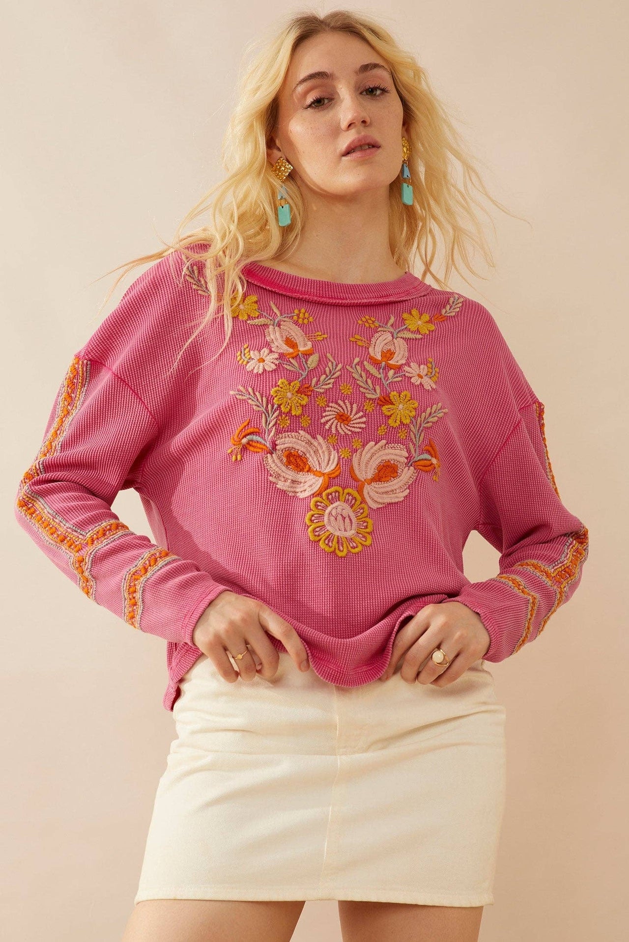 Floral Embroidered Waffle Top