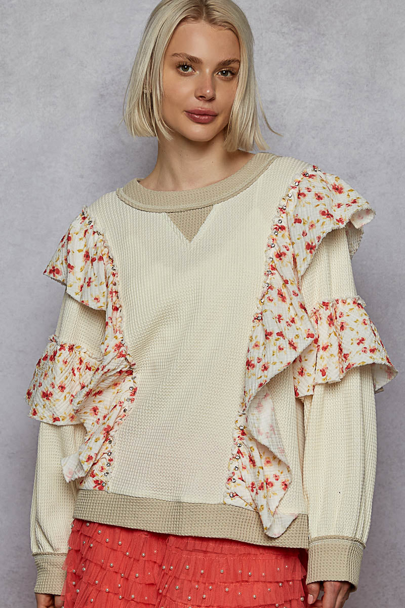 POL Floral Ruffle Round Neck Thermal Knit Top w/Crystals