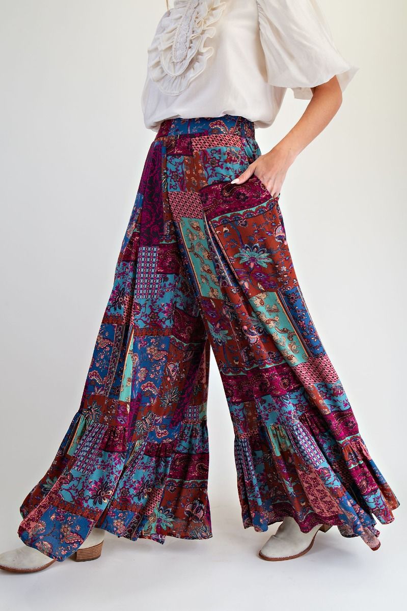 Plus Patch Printed Rayon Wide Leg Palazzo Style Pants