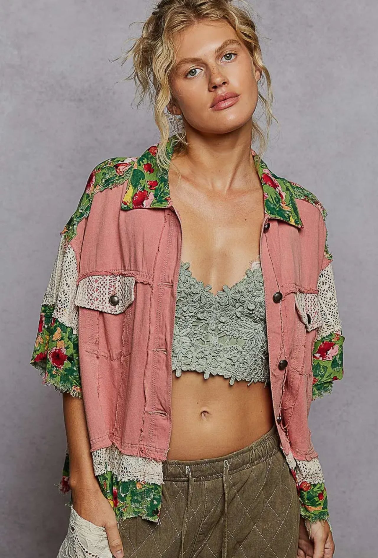 POL Oversize Half Sleeve Crochet Woven Jacket