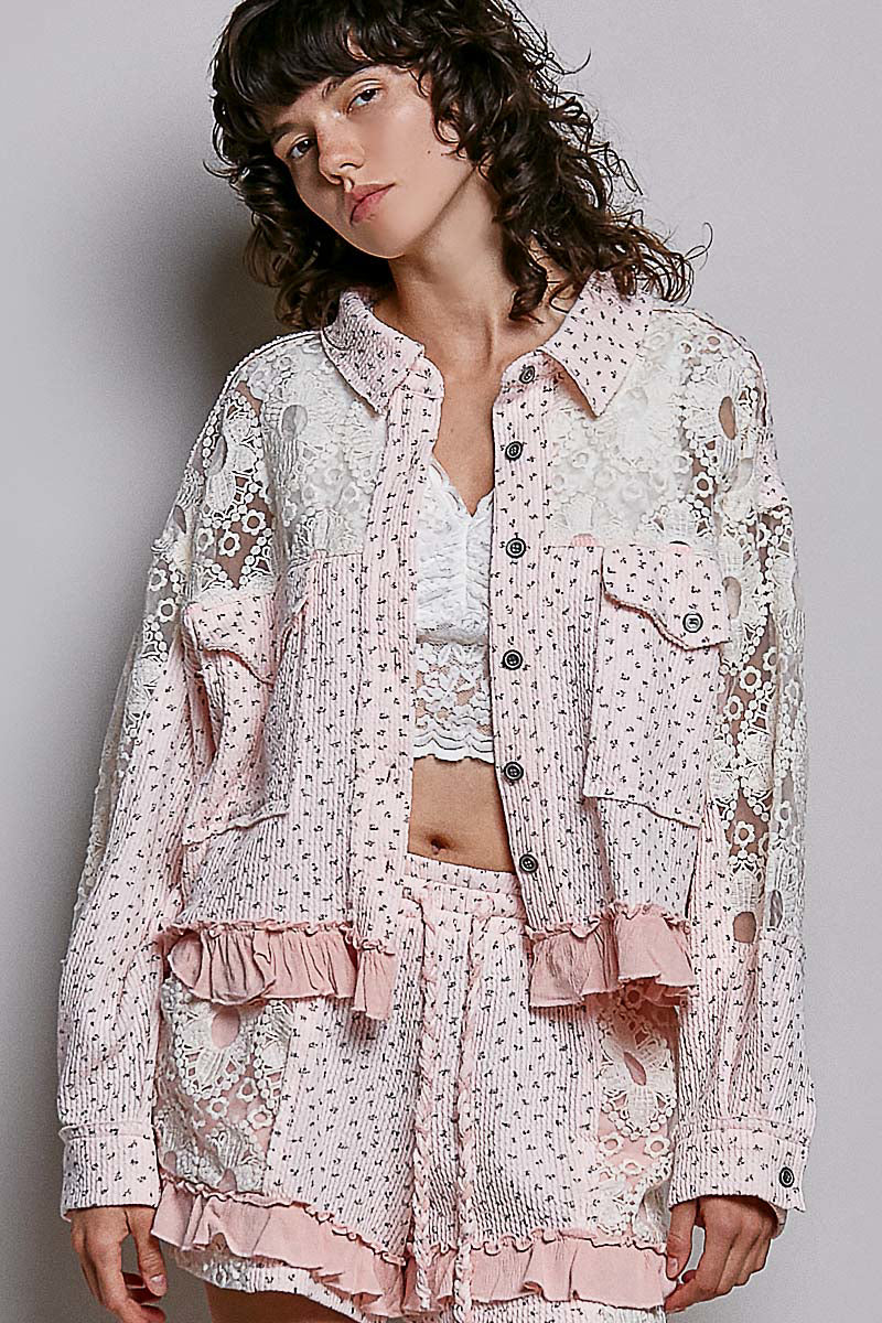 POL Pink Floral Sheer Back Button-Down Jacket