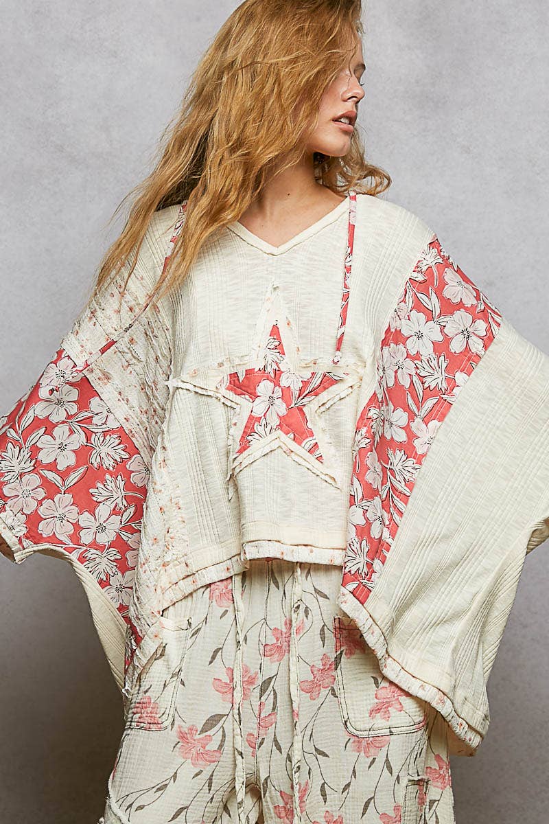 Long Sleeve Lace Contrast Floral Star Patch Knit Top