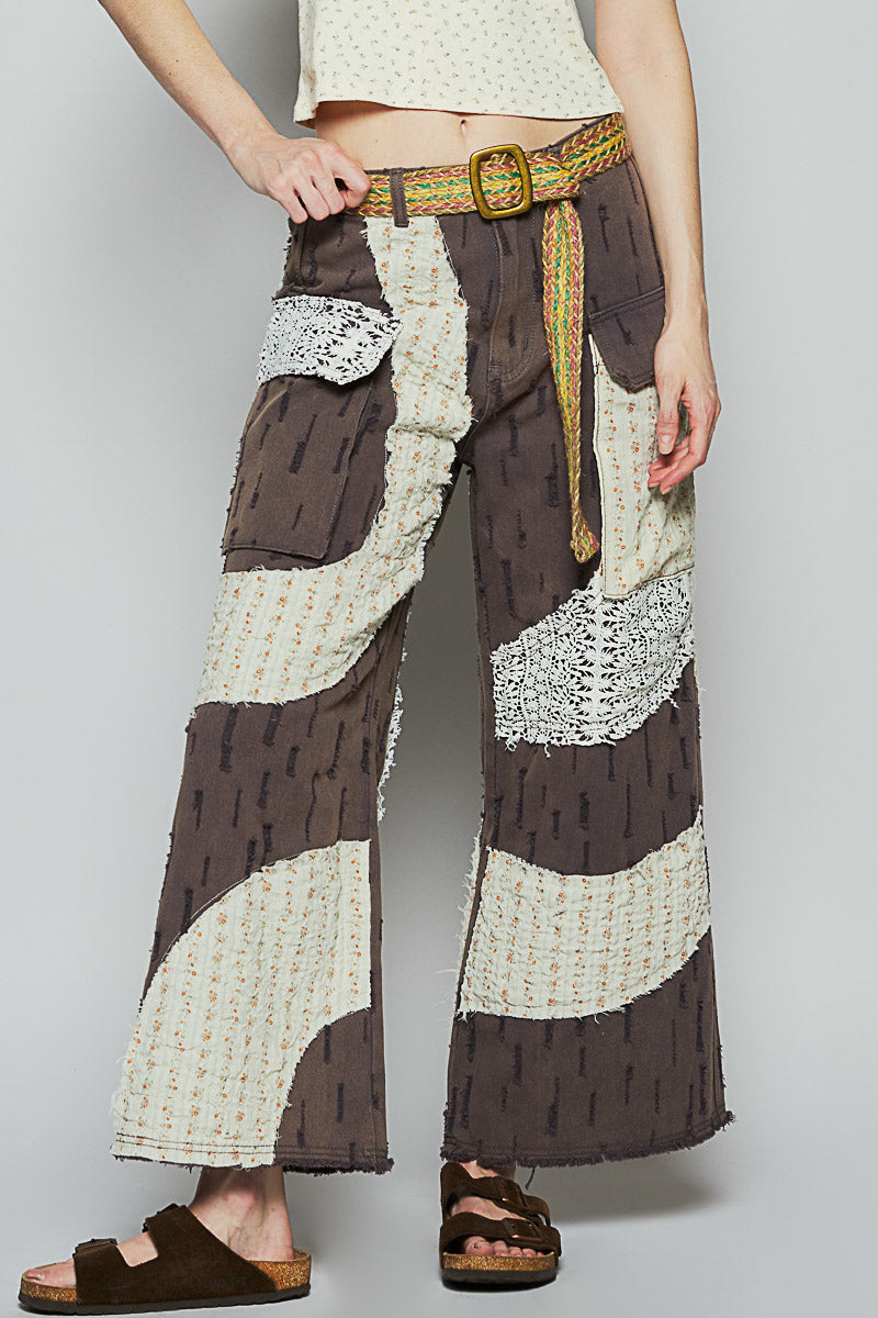 POL Wavy Patchwork Printed Denim Pants-Charcoal