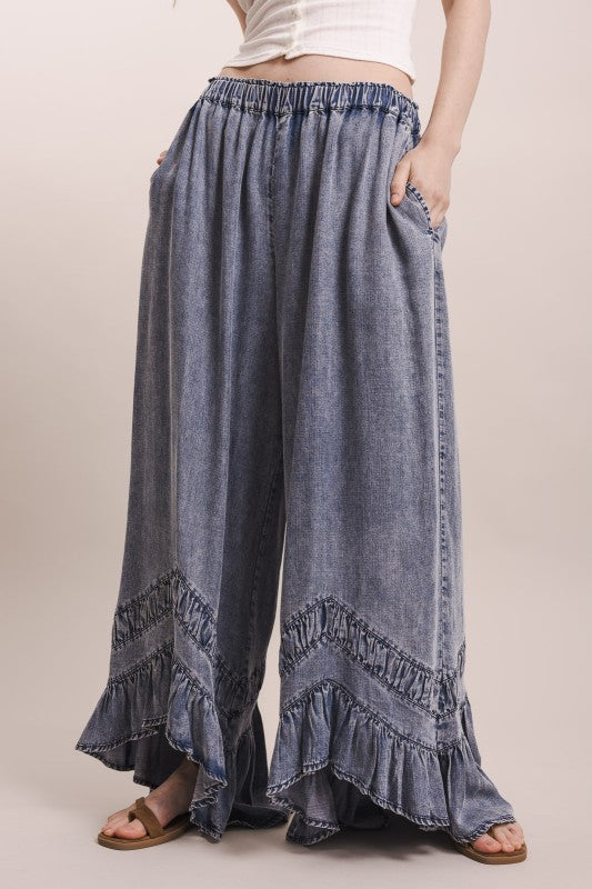 Asymmetrical Ruffle Hem Wide Leg Pants