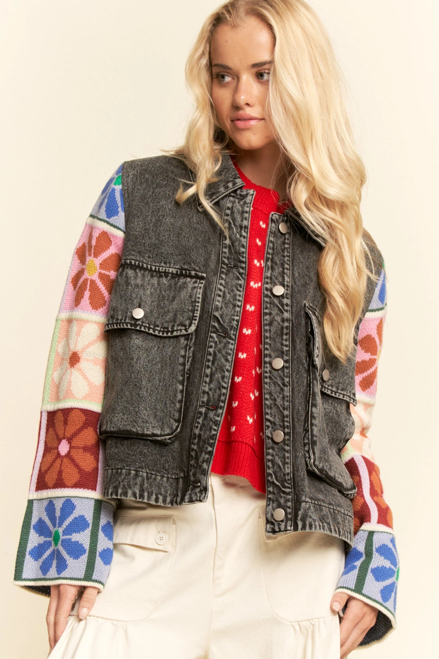 Multi Patch Design Knit Sleeve Button Front Denim Jacket