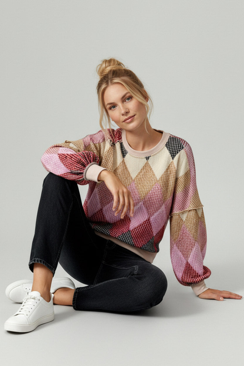 Argyle Print Oversized Long Sleeve Top
