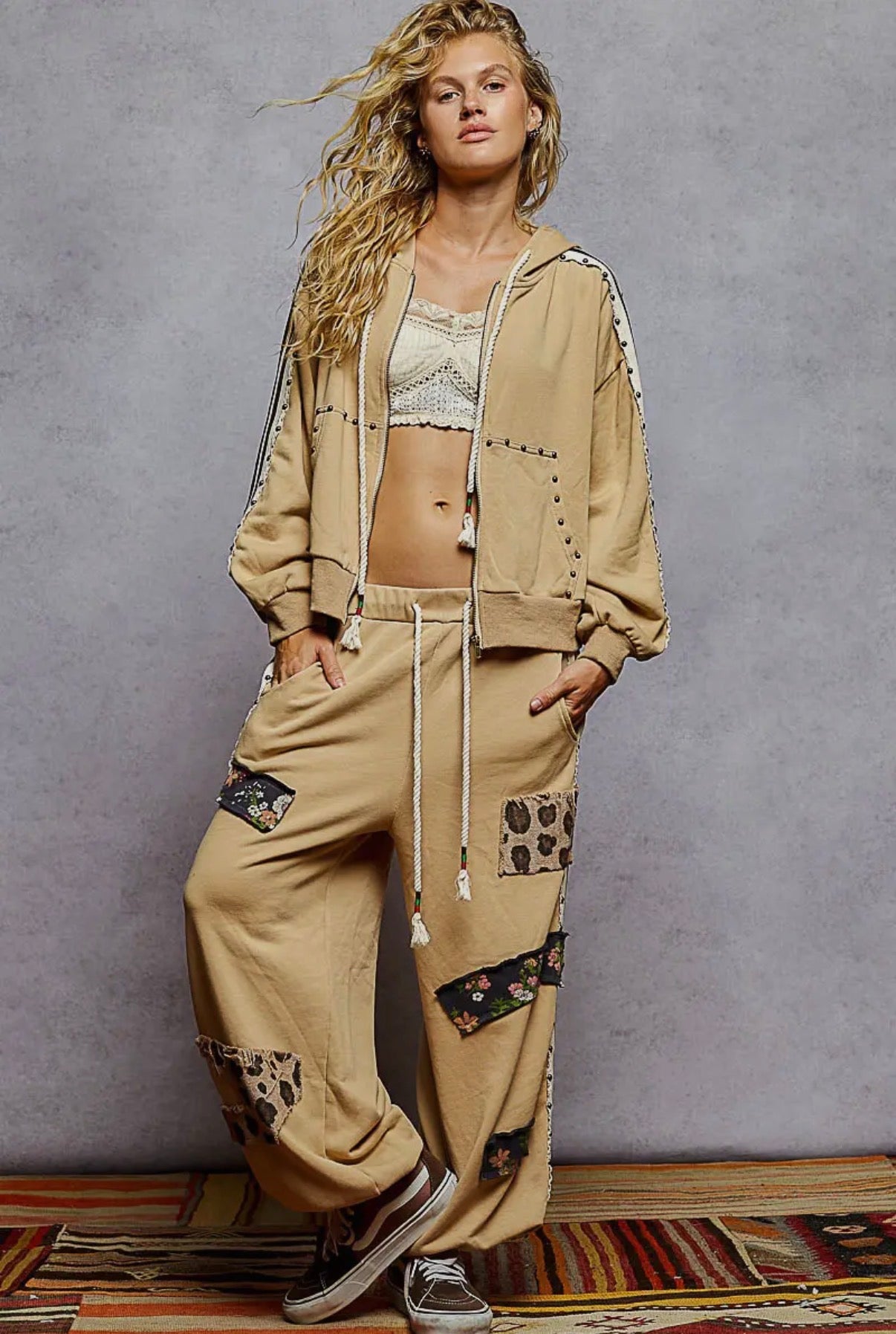 POL French Terry Striped Elastic Side Studded Jacket and Jogger Set