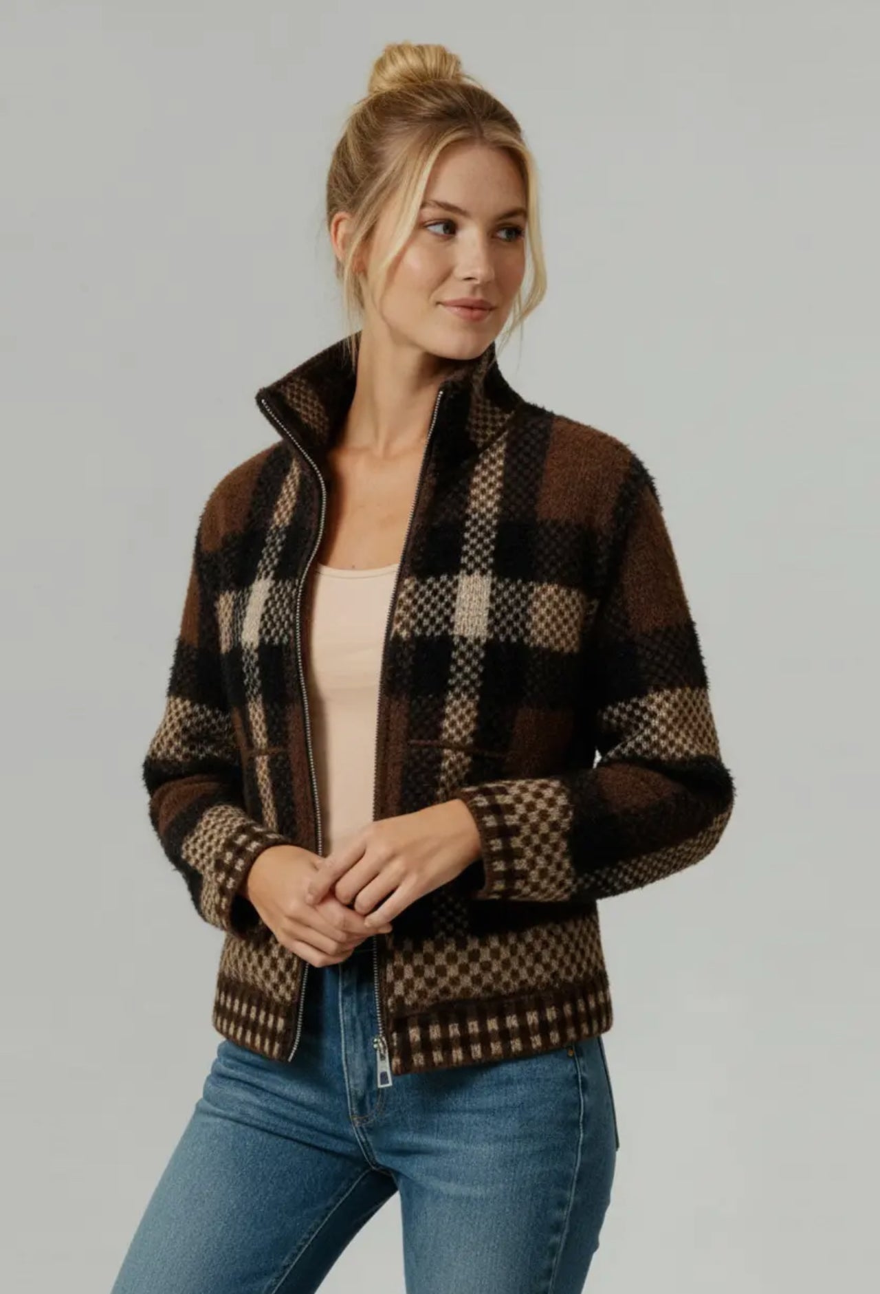 High Neck Zip Up Plaid Sweater Cardigan with Pocket