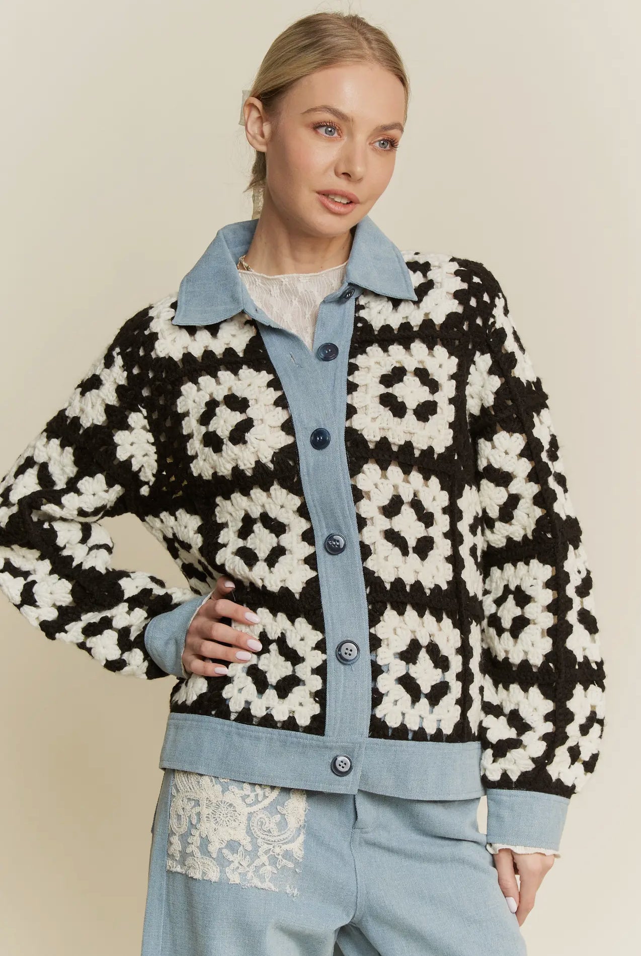 Crochet Bodice & Denim Detail Button Front Shirt Jacket