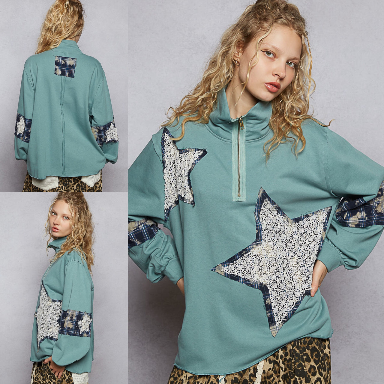 POL Star Patch Quarter Zip Relaxed Fit Top