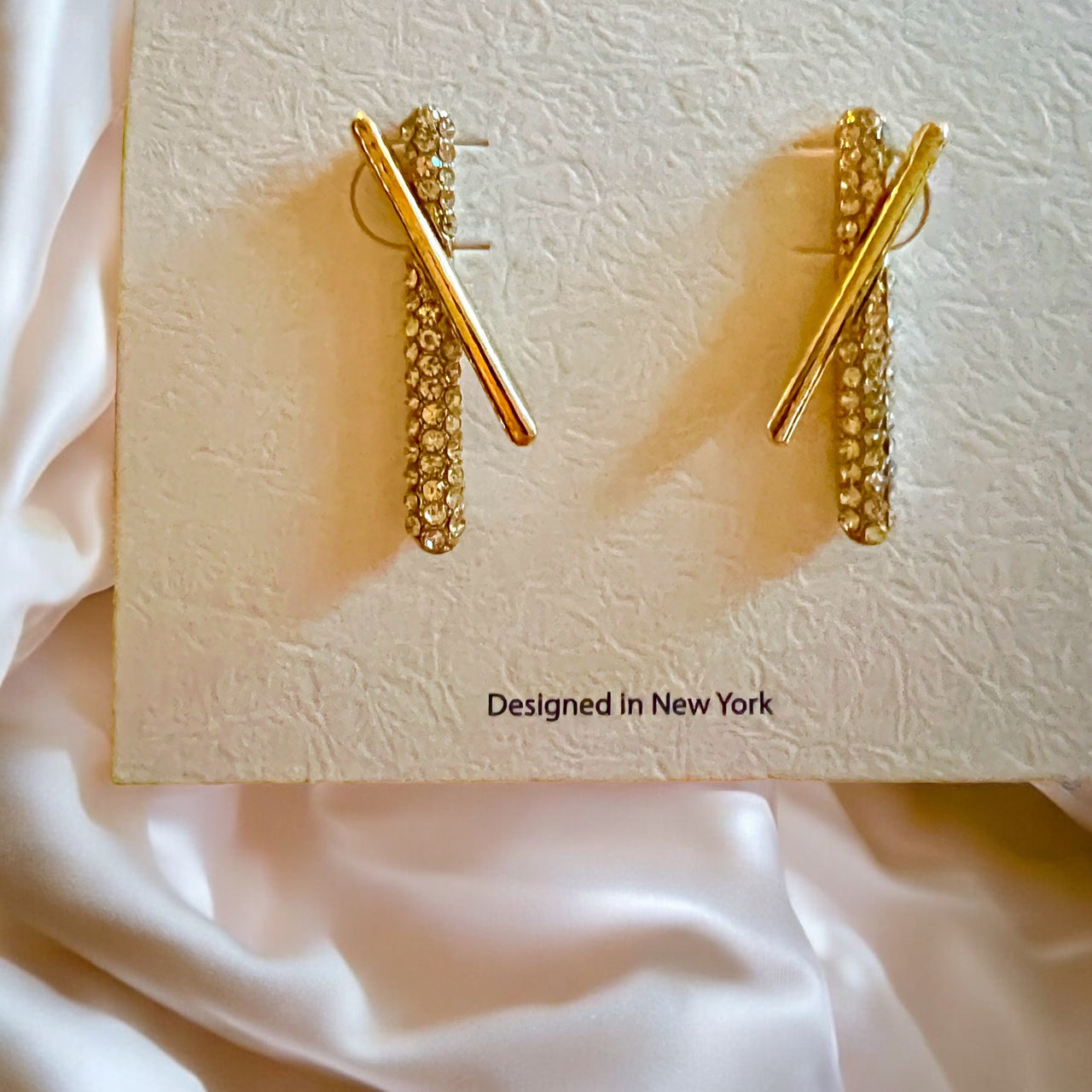 Gold Plated Line Earrings with Rhinestones