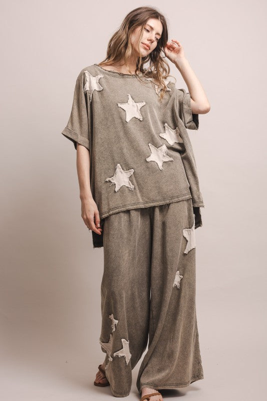 Star Patch Work Short Sleeve Top & Wide Leg Pant Set