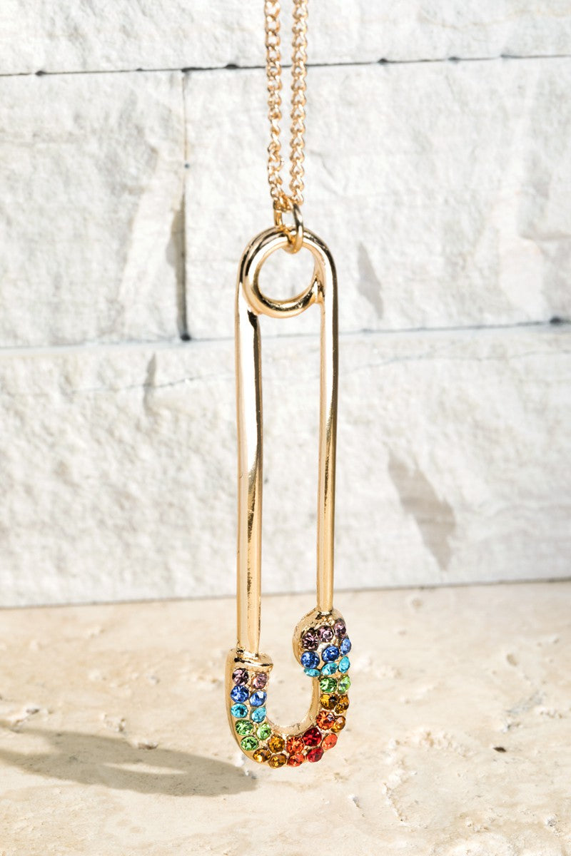 Glass Stone Safety Pin Pendant Necklace