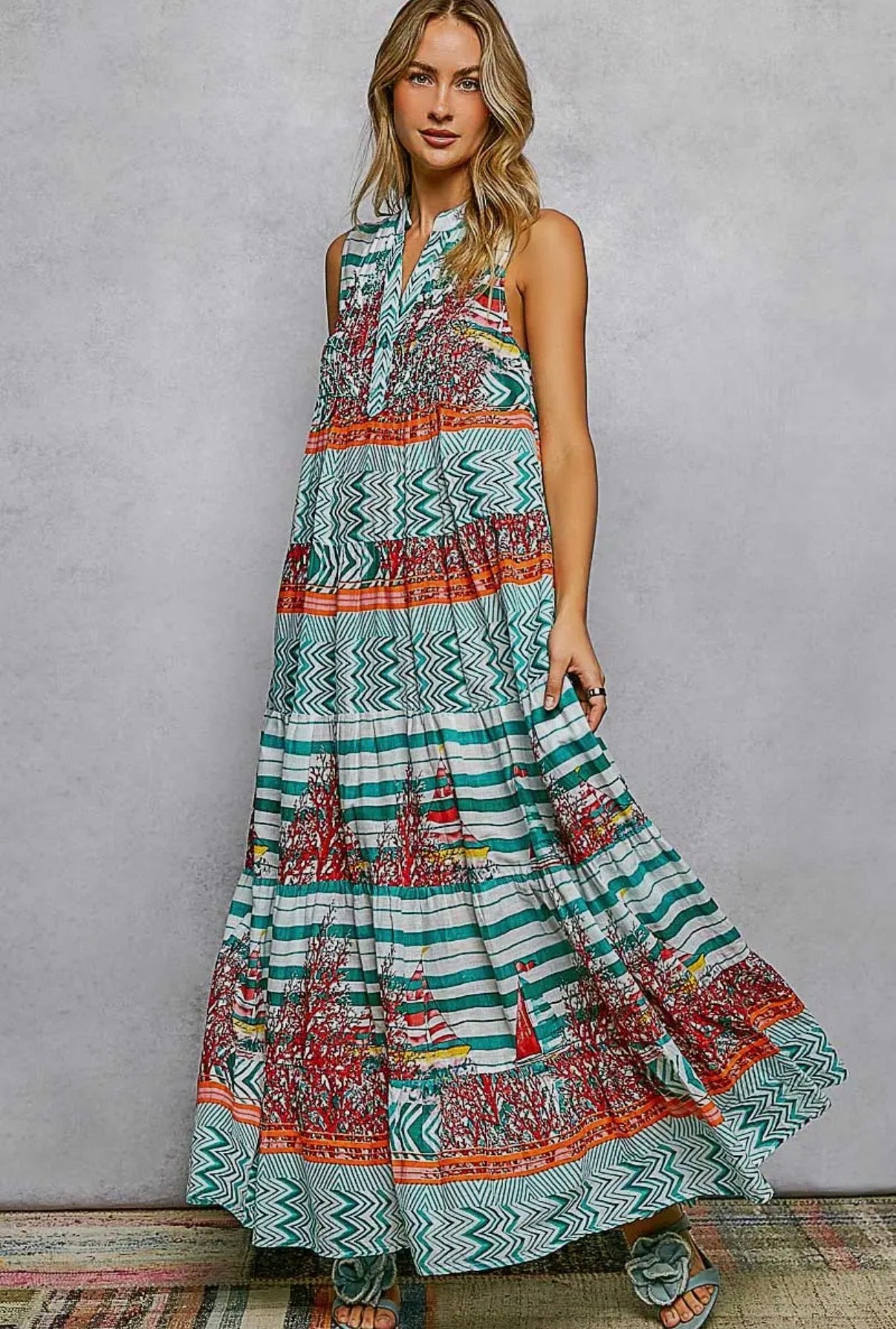 POL V Neck Coral & Aztec Print Sleeveless Long Dress