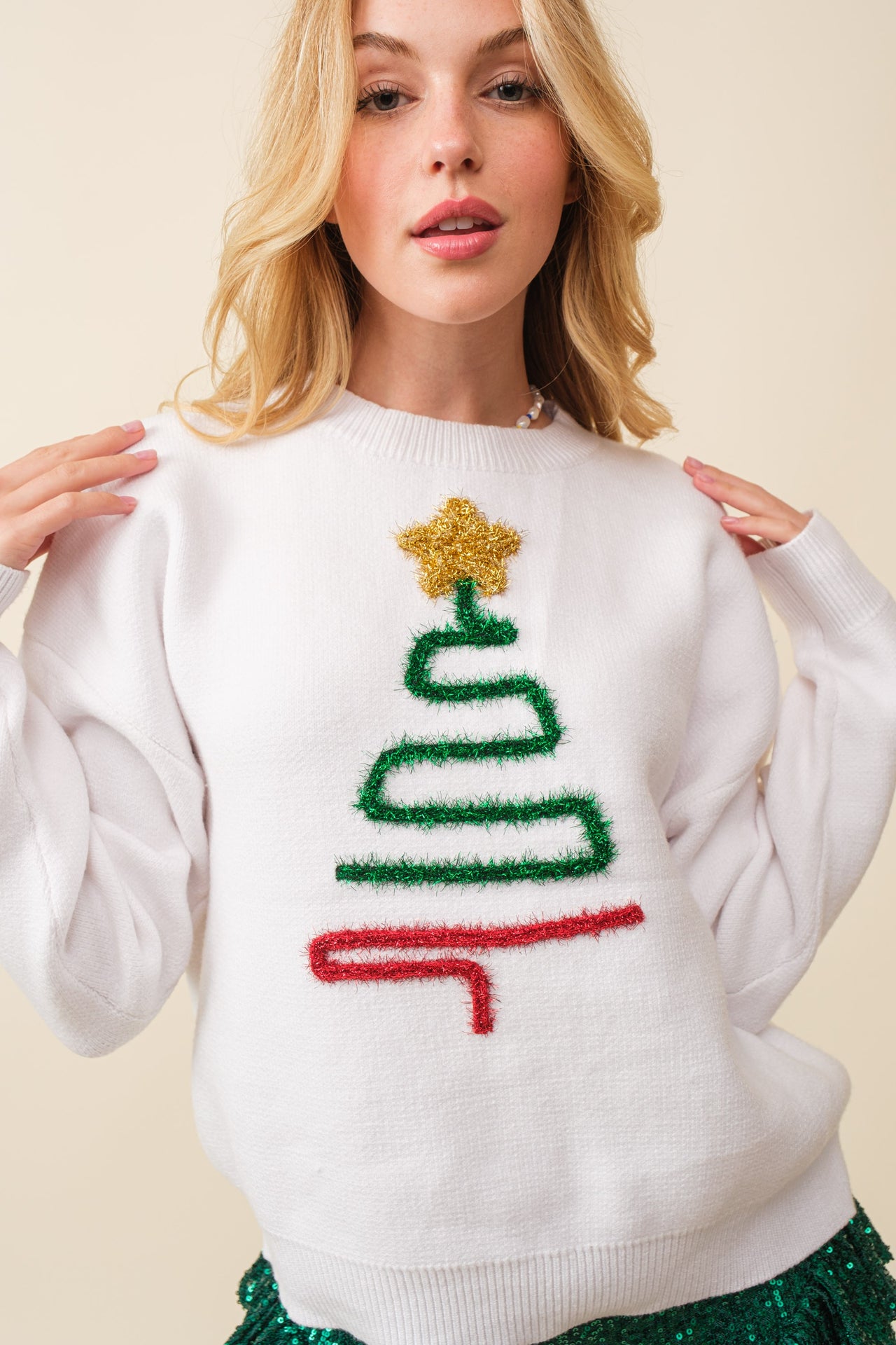 Sparkle Christmas Tree Sweater-White-FINAL SALE