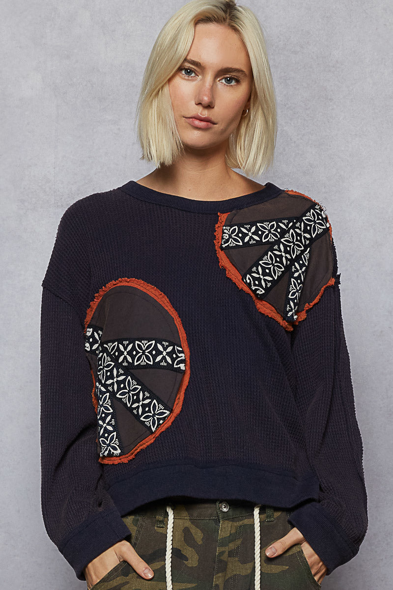 POL Waffle Knit Patch Work Pullover Deep Blue Violet