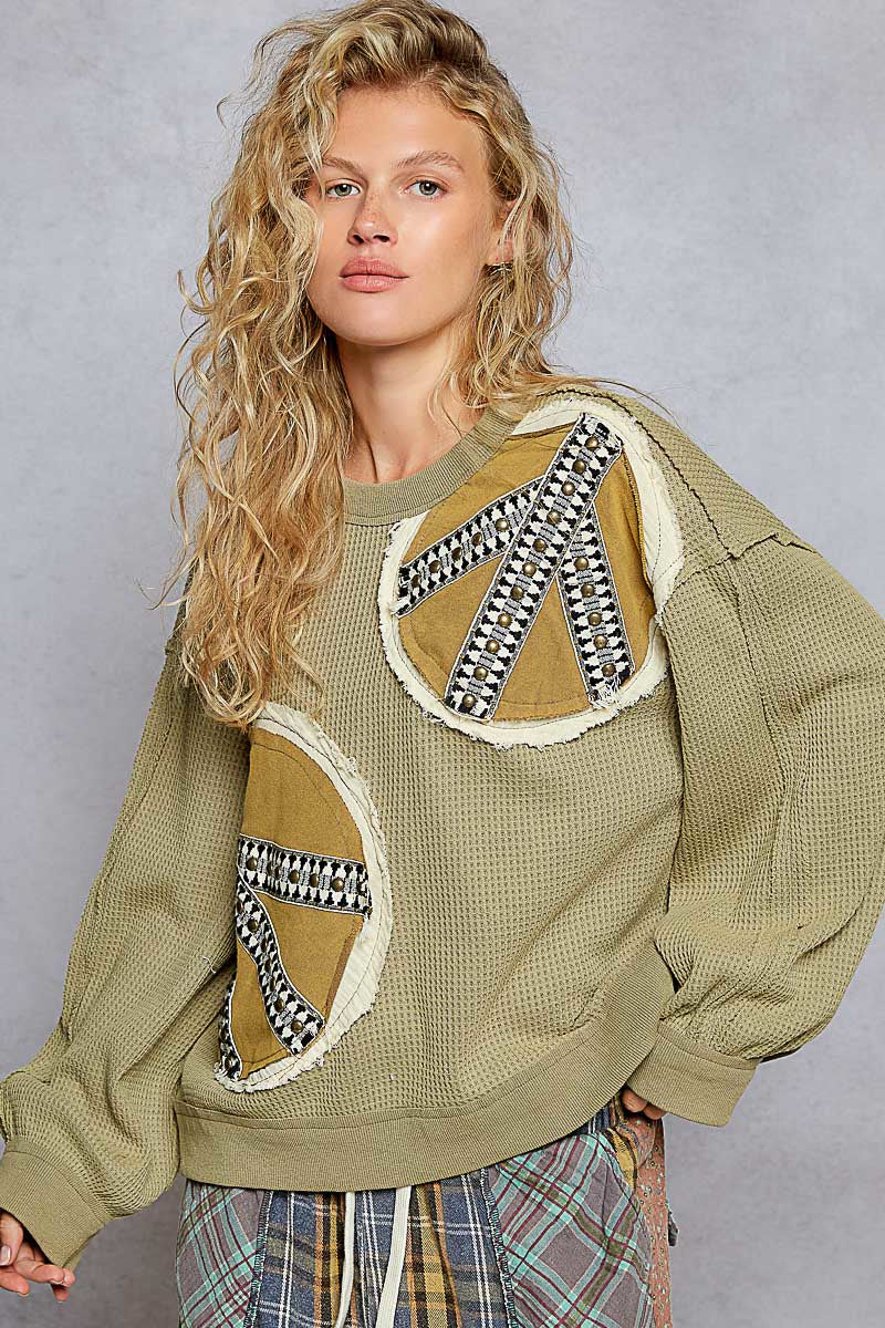 POL Waffle Knit Embroidered Patch Work Pullover Olive
