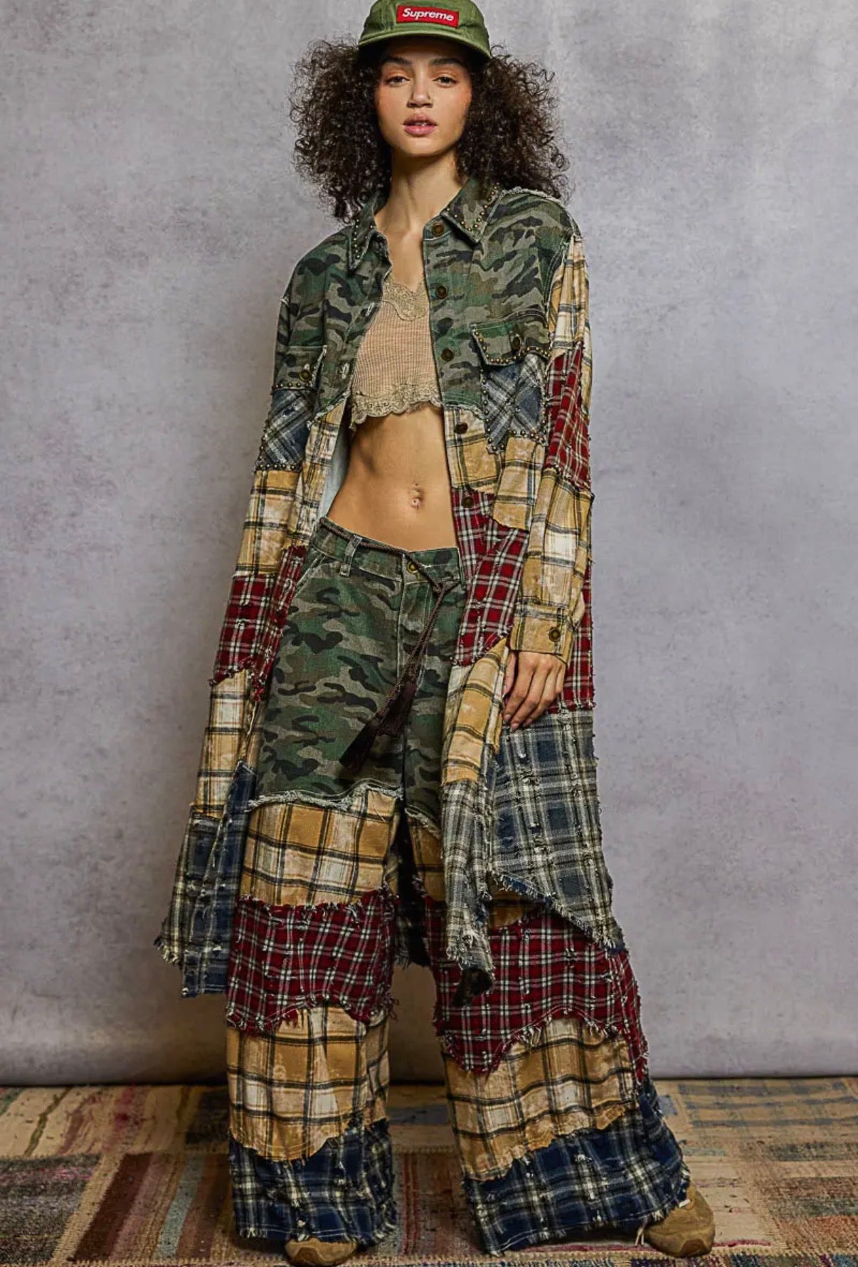 Patchwork Long Sleeve Plaid Woven Maxi Shirt